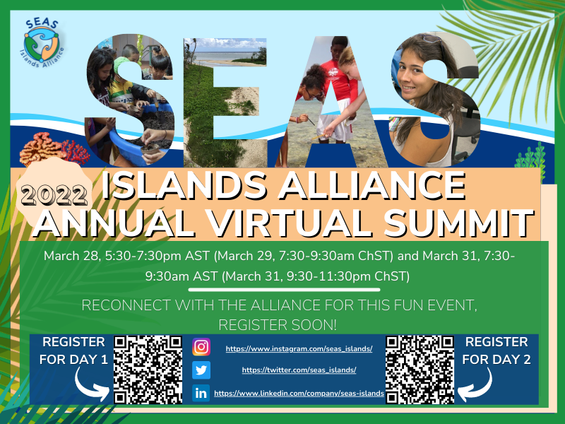 A postcard with the SEAS logo and the header text "SEAS Islands Alliance Annual Virtual Summit" with QR codes beneath linking to registration for Day 1 and Day 2