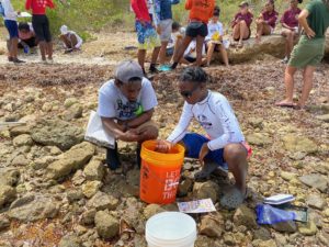 Two people look at something in a bucket. One holds a clipboard. They're in a rocky area and more people are standing and sitting in the background.