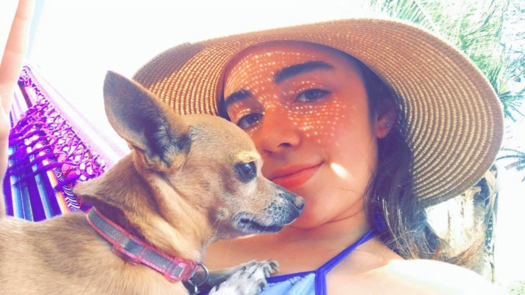 A young woman in a sun hat holding a small chihuahua dog